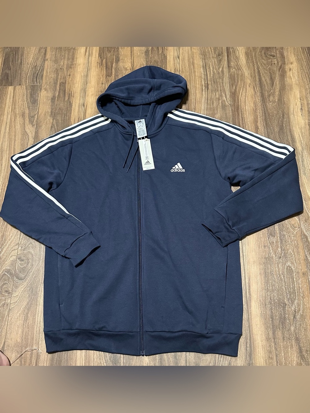 New Adidas Essentials 3 Stripe Full Zip Navy Hoodie XLT NWT Sweatshirt